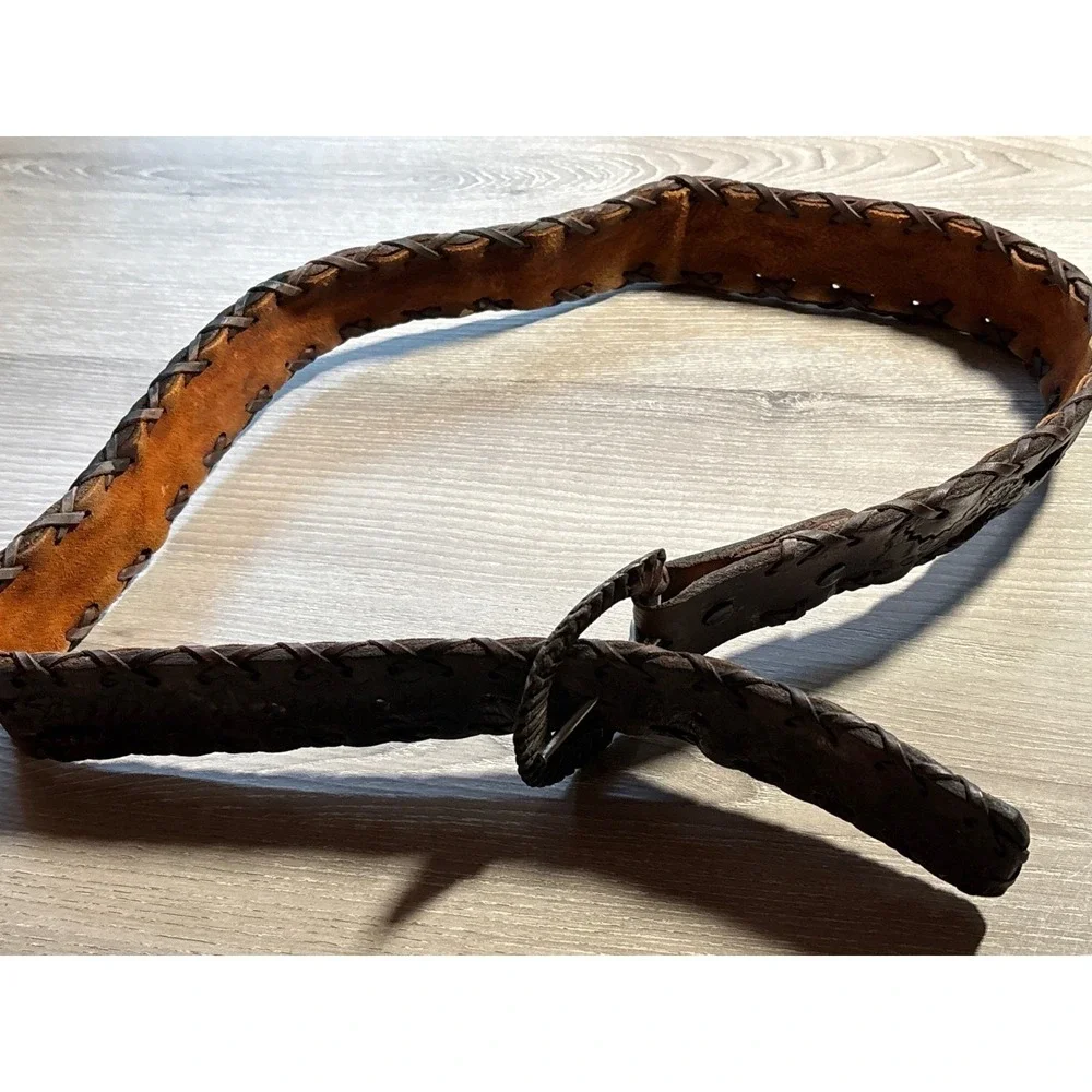 Vintage Dark Brown Leather Whipstitch Embossed Belt Leather Wrapped‎ Buckle